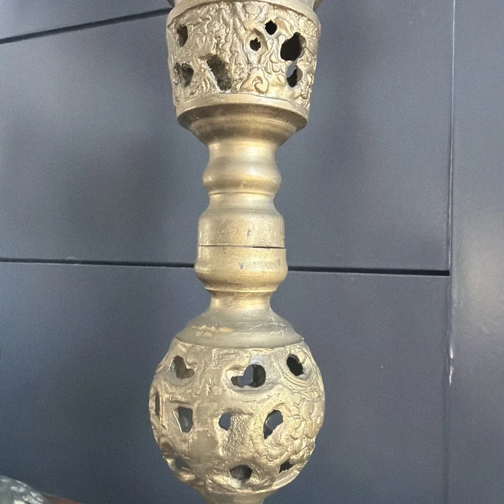 Pair Brass Filigree Taper Candlesticks 13